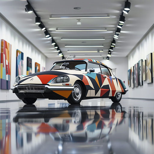 Minimalist Citroen DS 20 art car with abstract geometric patterns
