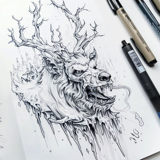 Flat tattoo sketch of a Wendigo with icy breath and frozen landscape details