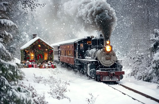 Vintage steam train carrying Christmas presents and decorations through snowy countryside