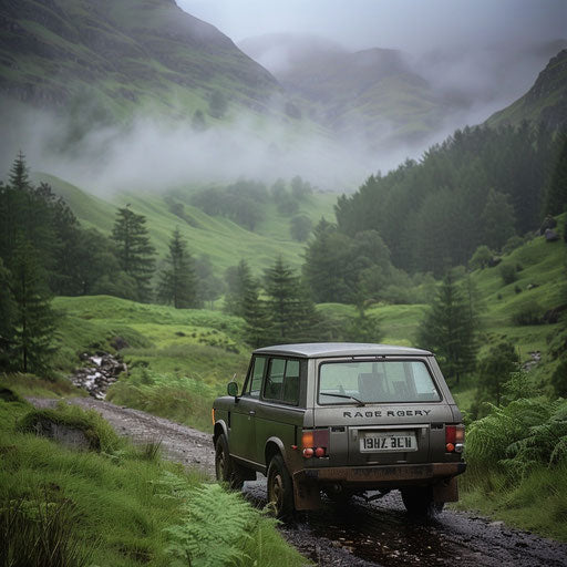 Vintage 1980 Rover crossing lush Scottish Highlands, mist on hills