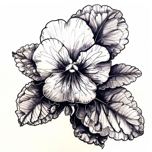 Detailed black and white ink sketch of a violet flower tattoo on white background