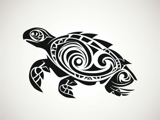 Turtle with tribal design on white background, elegant use of neg