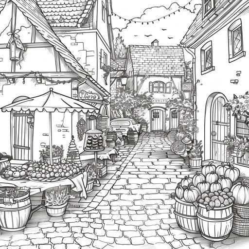 Quaint village street with autumn decorations