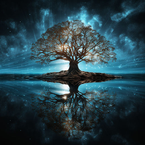 The tree in a water mirror reflecting water, dark bronze and sky-blue style