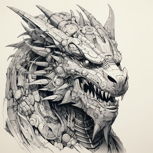 Dragon drawing, robotic kids style, clean inking, ornamental details