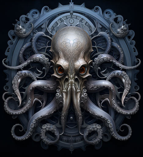 Symbolic octopus head, dark ocean, metal compositions