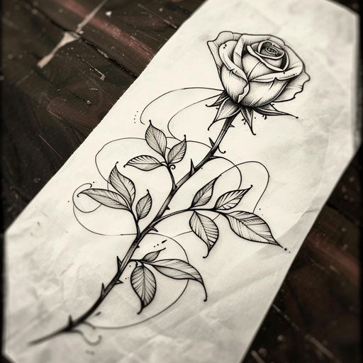 Flat sketch of a rose tattoo with elegant calligraphic lines forming the stem and leaves