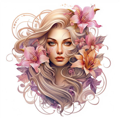 Lilly portrait on white background, decorative elements style, light magenta and light amber, realistic use of light and color, high resolution