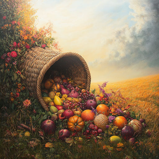 Horn of plenty in open field with fruits and vegetables