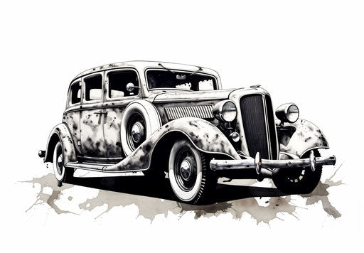 Old fashioned car drawn in black ink on white background