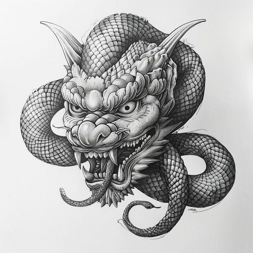 Fierce demon head with snake in black on white