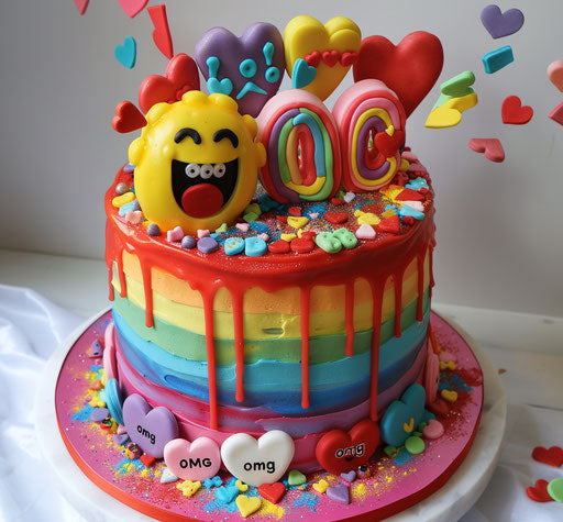 Rainbow cake with LOL and omg emojis