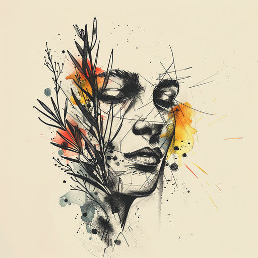 Contemporary flat tattoo sketch with a sage motif and splattered paint effect