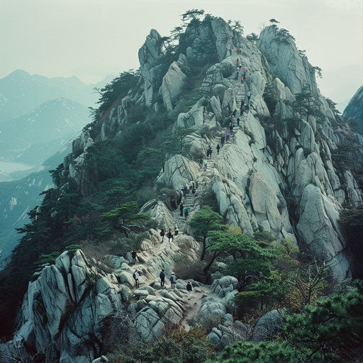 Mount Tai with climbers on a rugged trail