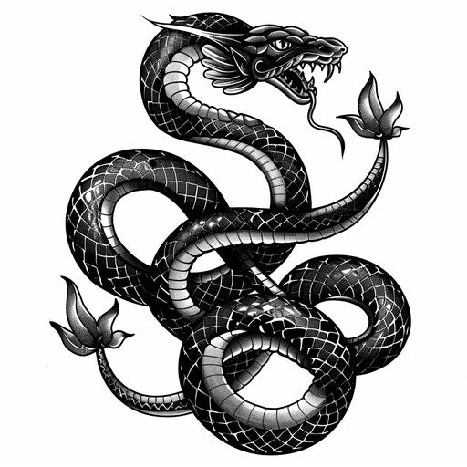 Monochrome flat tattoo sketch of intertwined mythical serpents