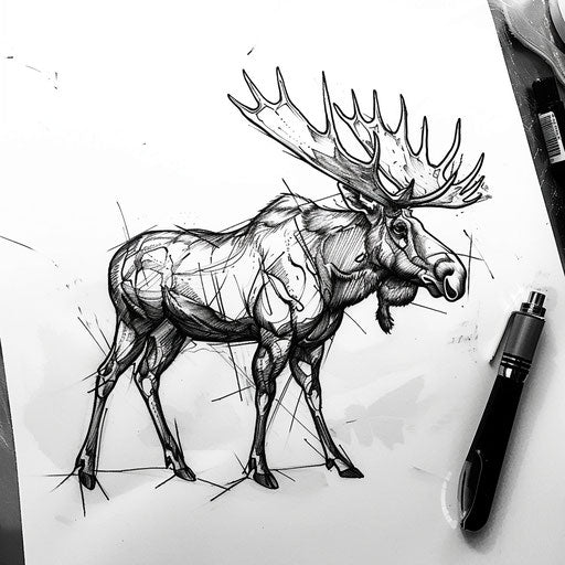 Bold flat tattoo sketch of a powerful moose