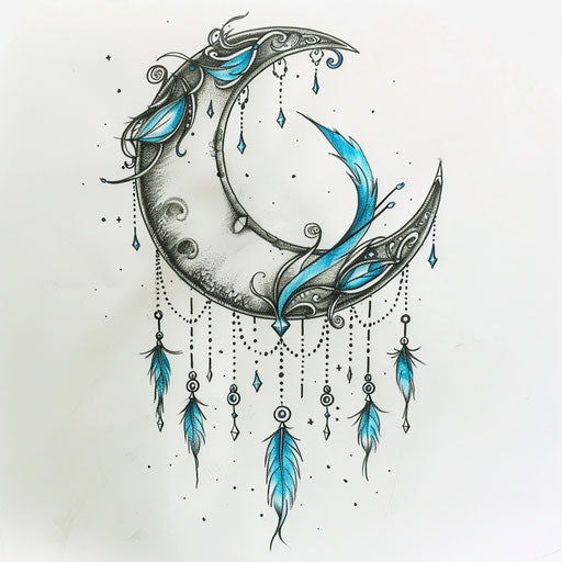 Bohemian tattoo sketch of a crescent moon with dangling feathers and beads