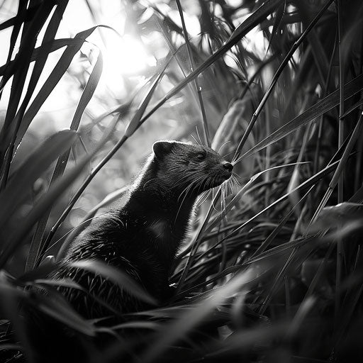 Mink navigating through tall grasses at sunset