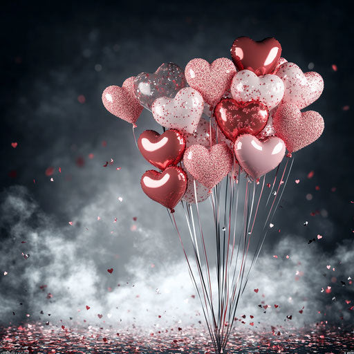 Romantic ambiance with heart-shaped balloons and confetti