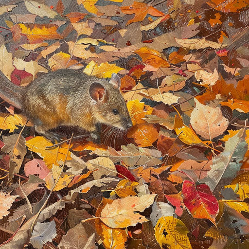 Vibrant autumn scene in an Australian bushland, with a northern brown bandicoot among fallen leaves