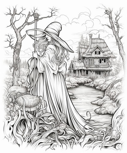 A witch and broom coloring page of mesmerizing colorscapes