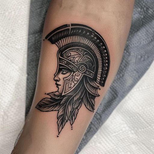 Classic black and gray tattoo of Athena's helmet and shield