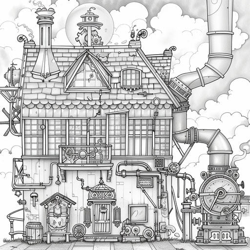 Steampunk house with gears and pipes, coloring book page