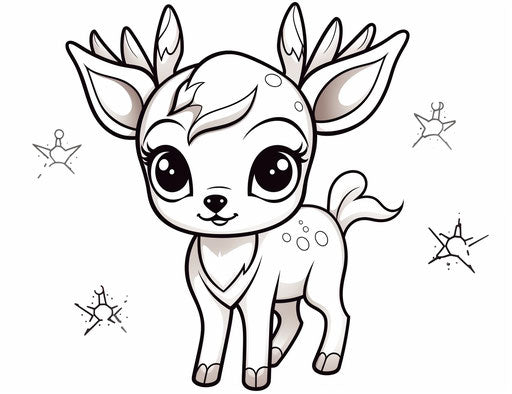Christmas deer coloring pages, in the style of kawaii art, captivating minimalist illustrator