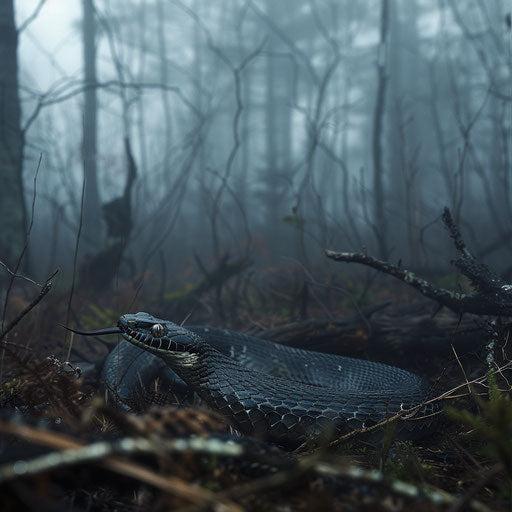 Black mamba snake in a misty forest