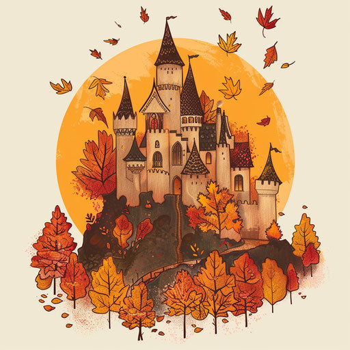 Autumn castle with falling leaves and moon, clipart style