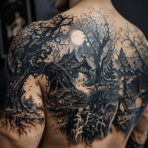 Dark fantasy scenes for male shoulder tattoos