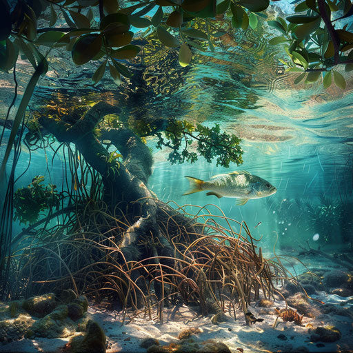 A fish making its home among the roots of a mangrove tree, a hidden world beneath the waves.