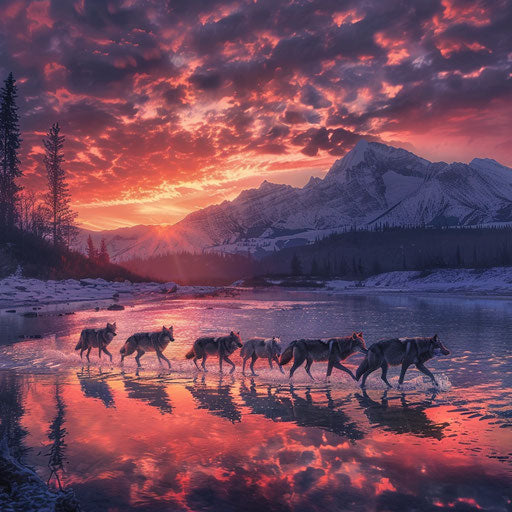 Wolf leading pack across shallow river with mountains