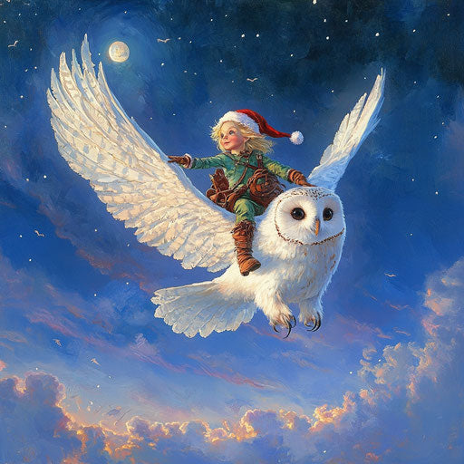 An elf riding a snow owl through the twilight sky