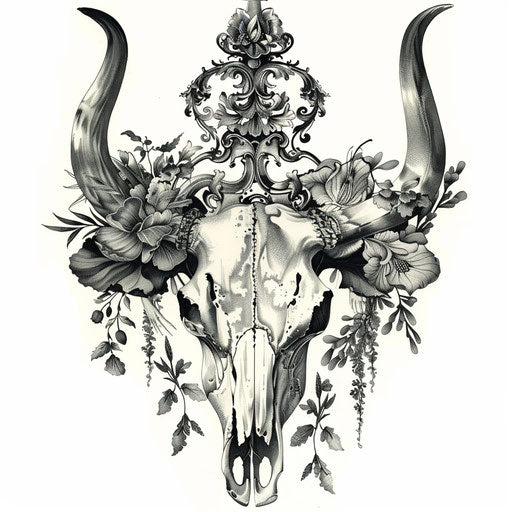 Elegant bull skull tattoo with Art Nouveau motifs on white background