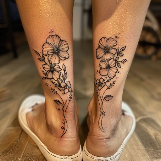 Mother and daughter tattoos of tribal flowers, Ramos style, on ankle