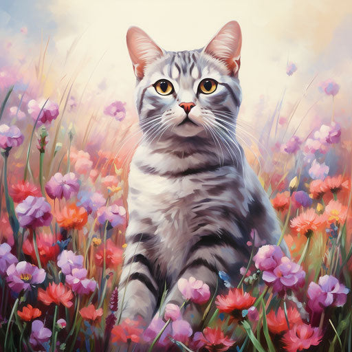 An American shorthair cat in a field of flowers
