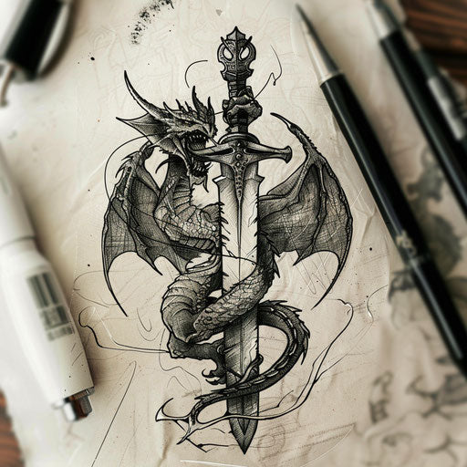 Classic tattoo sketch of a black dragon clutching a medieval sword