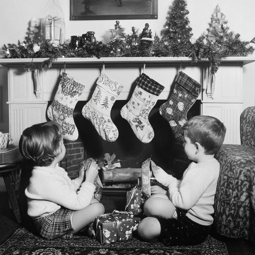 1930s Christmas morning, children opening stockings hung on a simple mantel, their expressions filled with joy.