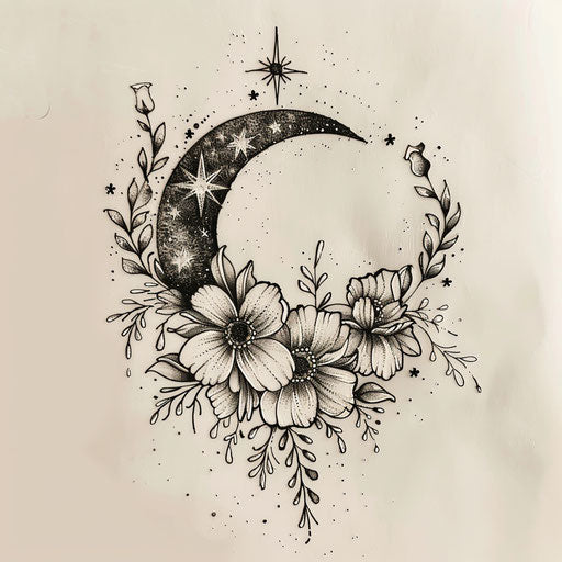 Tranquil flat tattoo sketch of a moon phase surrounded by night-blooming flowers