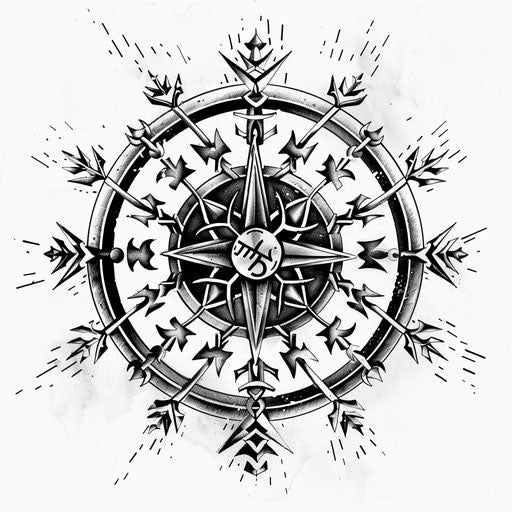 Monochromatic tattoo sketch of a Viking compass