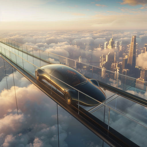 Futuristic electric car on skyway over clouds, city skylines