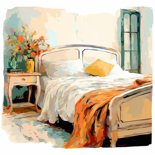 Bedroom clipart in the style of Impressionistic Art, on white background