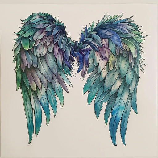 Fantasy elf wings tattoo drawing in magical colors