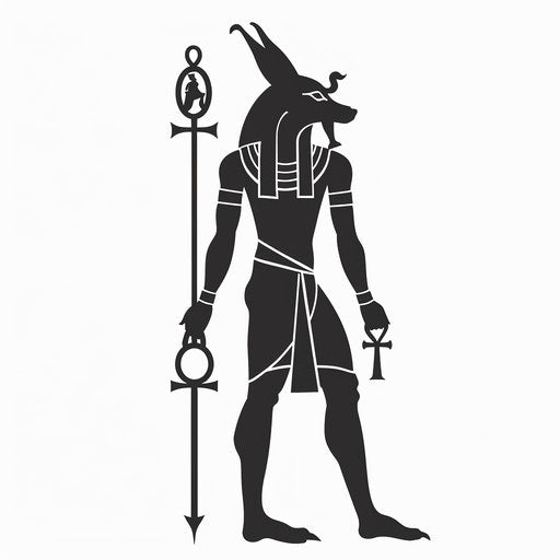 Silhouette of Anubis holding an ankh on white background