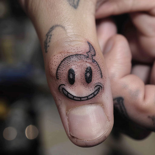 Simple smiley face tattoo, Glenn Fabry-style, on the finger