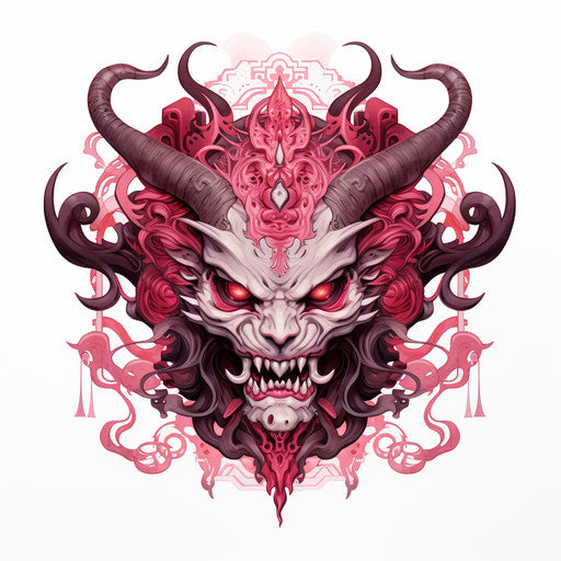 Pink and white demon, classic tattoo motifs, hard edge painting