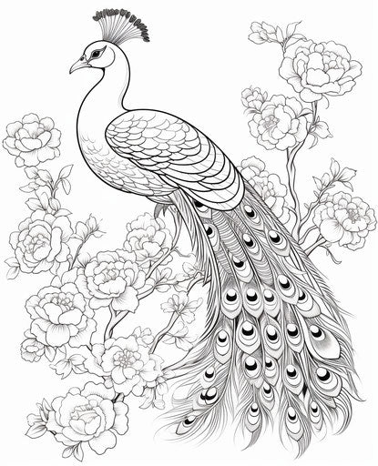 Peacock coloring page, free peacocks coloring pages, captivating detailed feather rendering, biomorphic 25:31