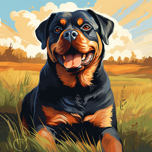 The Rottweiler sitting in a field smiles