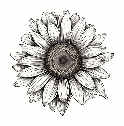 Sunflower on white background, meticulous inking style